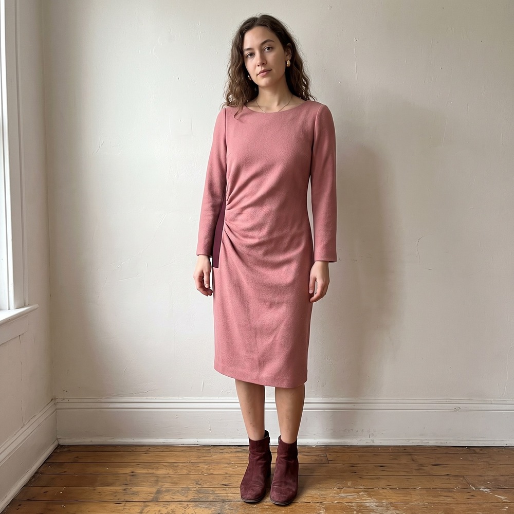 The Fold Evesham Dress Womens 12 Rose Pink Wool Ruched Preppy Formal Preppy